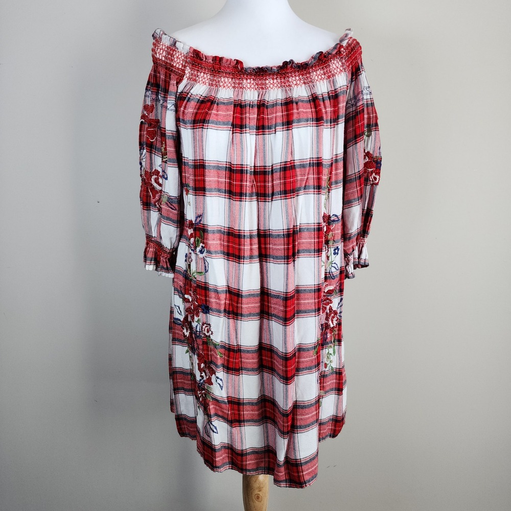 DEX Plaid Embroidered Dress Womens Small Red Off Shoulder Boho Cottage Smocked